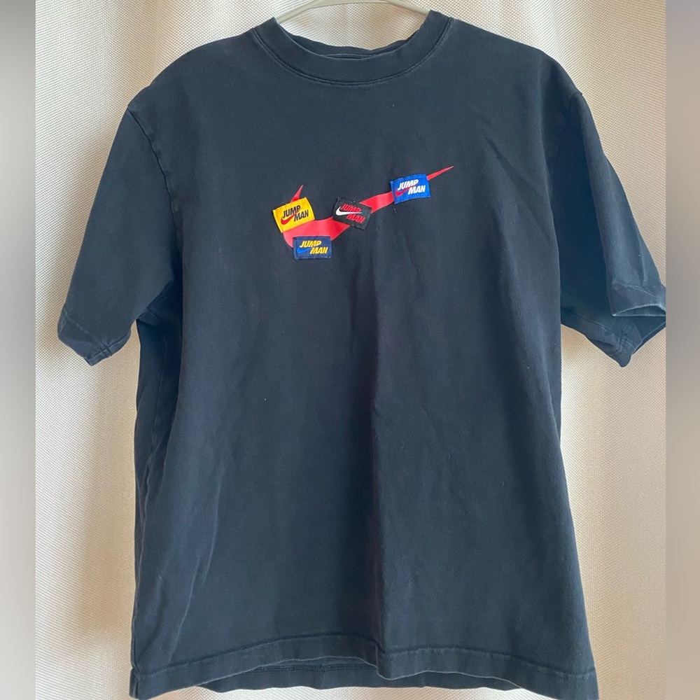 Black jordan shirt with nike swoosh and jumpman patches
